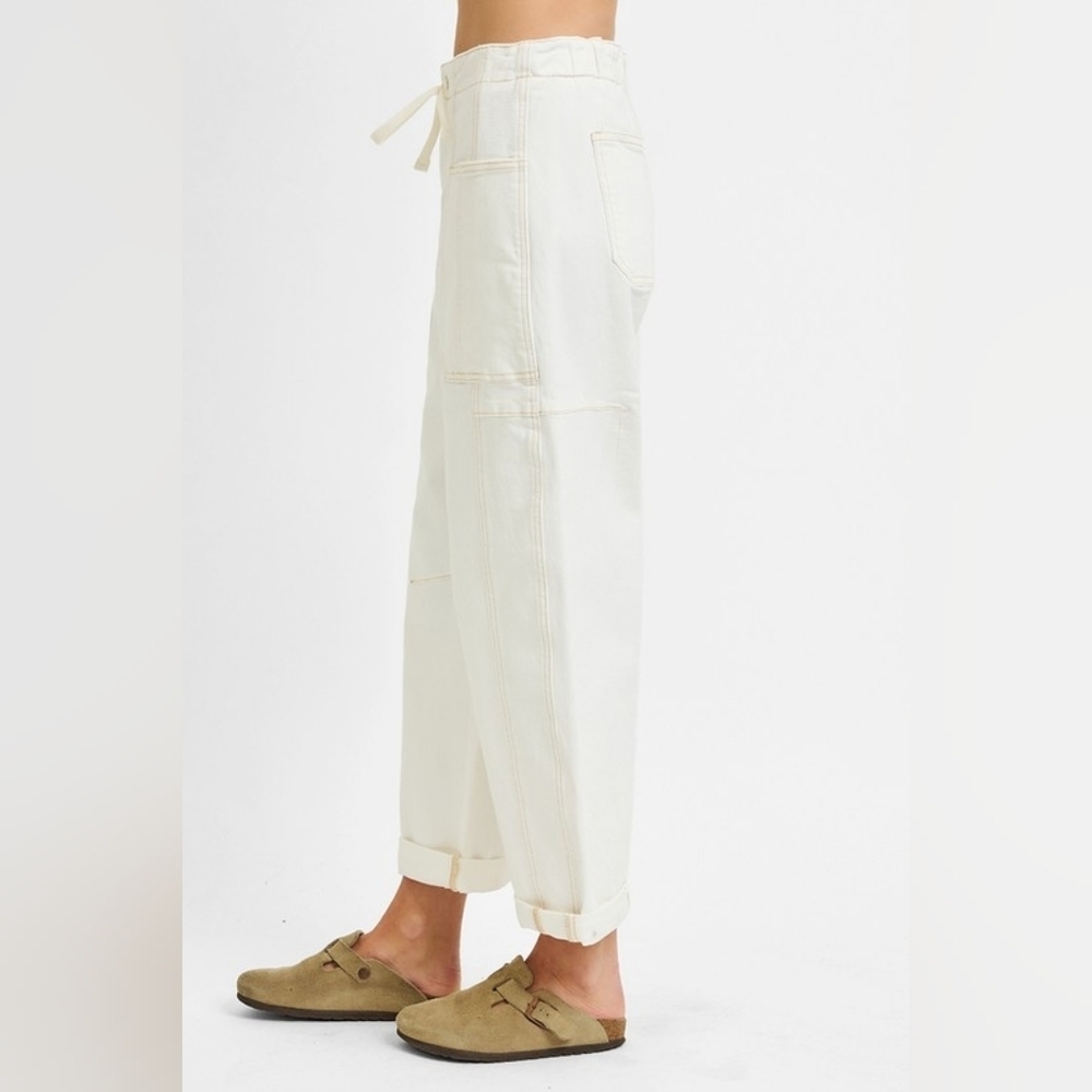 Risen HR Wide Barrel Jeans Cream Cuffed Ankle Cargo Patch Pocket Various NEW - Picture 4 of 6